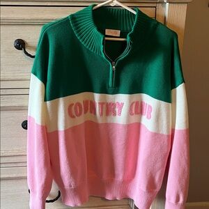 Pink Lily Green and Pink Multi Color-block half zip sweater